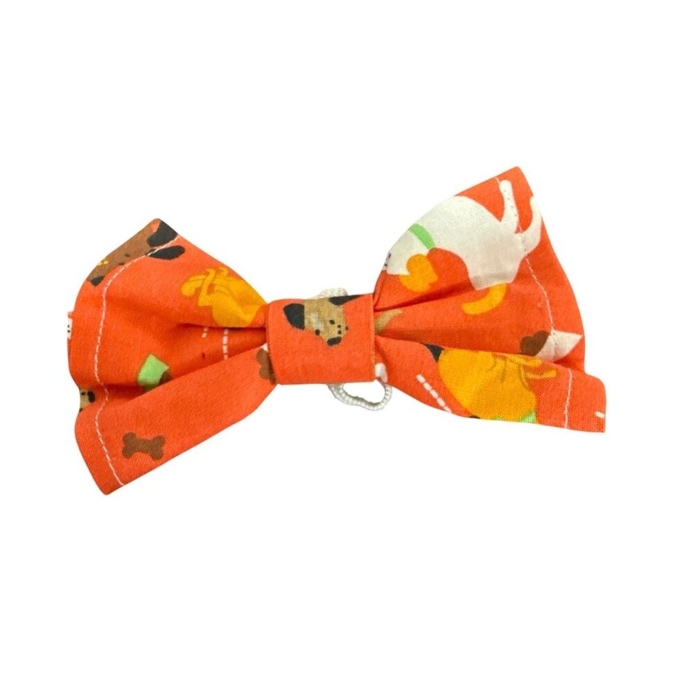 Orange Fabric Dog Bow Tie With Dog Bone & Puppy Print 4 Inches Wide Elastic Loop